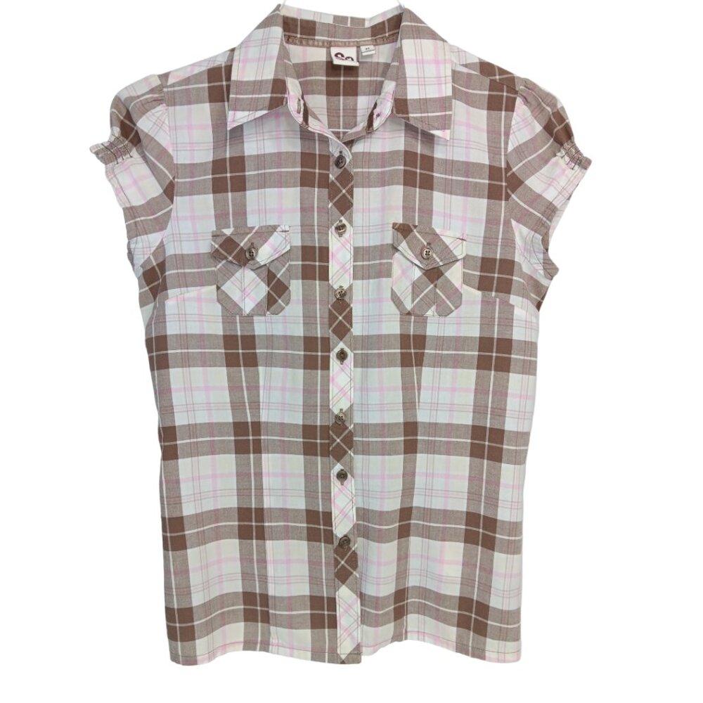 SO Women's Plaid Short Sleeve-Button down Shirt- MEDIUM -Brown-White-Pink